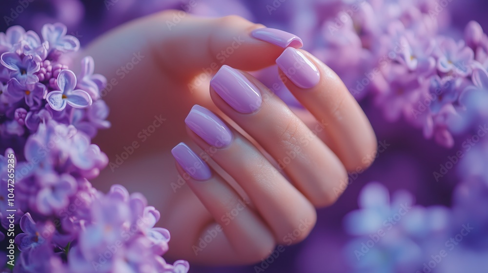 Fototapeta premium Woman's hand with purple manicure on lilac flowers background