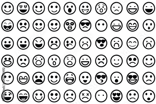 60 unique emoticons in a colorful grid layout on white background for social media and app designs