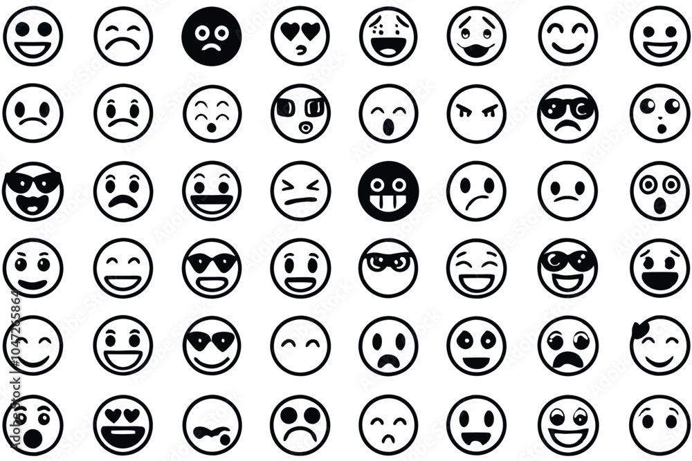 60 unique emoticons in a colorful grid layout on white background for social media and app designs 60 unique emoticons in a colorful grid layout on white background for social media and app designs