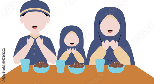 Muslim family sits and prays before eating Illustration