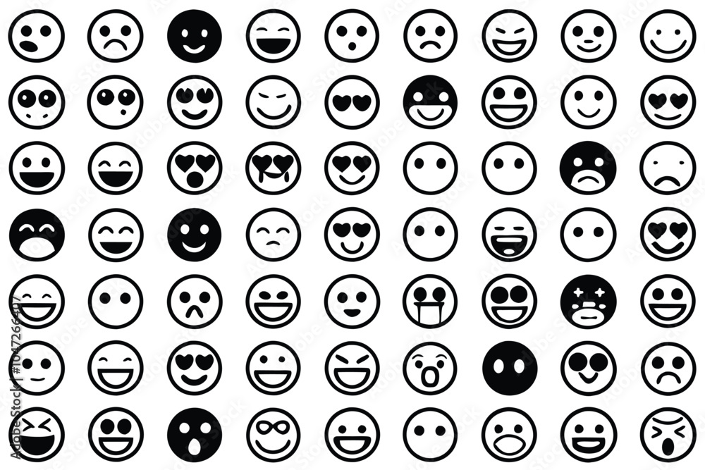 60 unique emoticons in a colorful grid layout on white background for social media and app designs 60 unique emoticons in a colorful grid layout on white background for social media and app designs