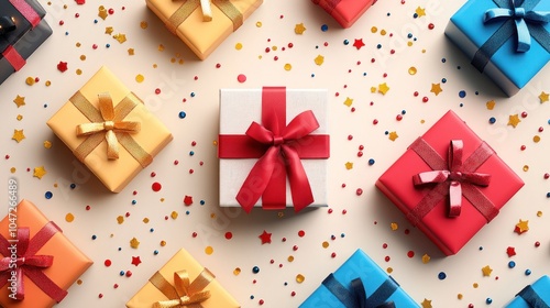 Colorful wrapped gifts on a festive background with confetti.