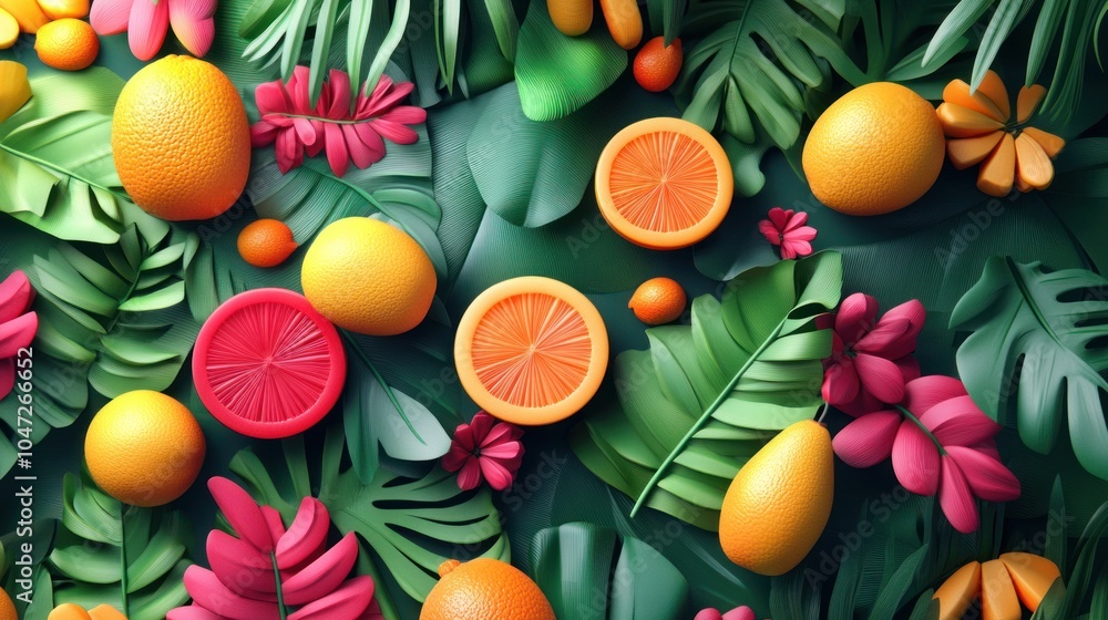 High-definition 3D fruit pattern, embossed with vibrant colors, exotic textures and simple shapes, tropical style. High-definition 3D fruit pattern, embossed with vibrant colors, exotic textures and simple shapes, tropical style.