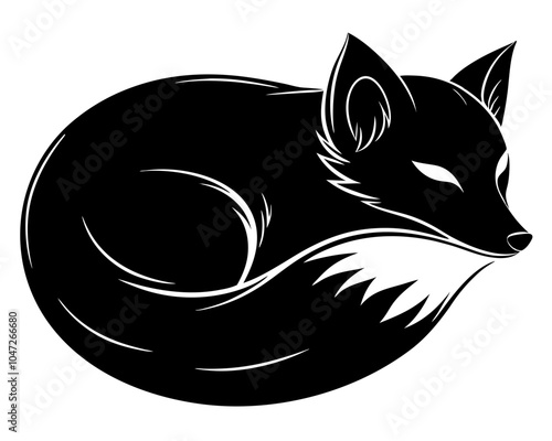 Silhouette of a resting fox curled up, sleek tail wrapped around, calm and peaceful