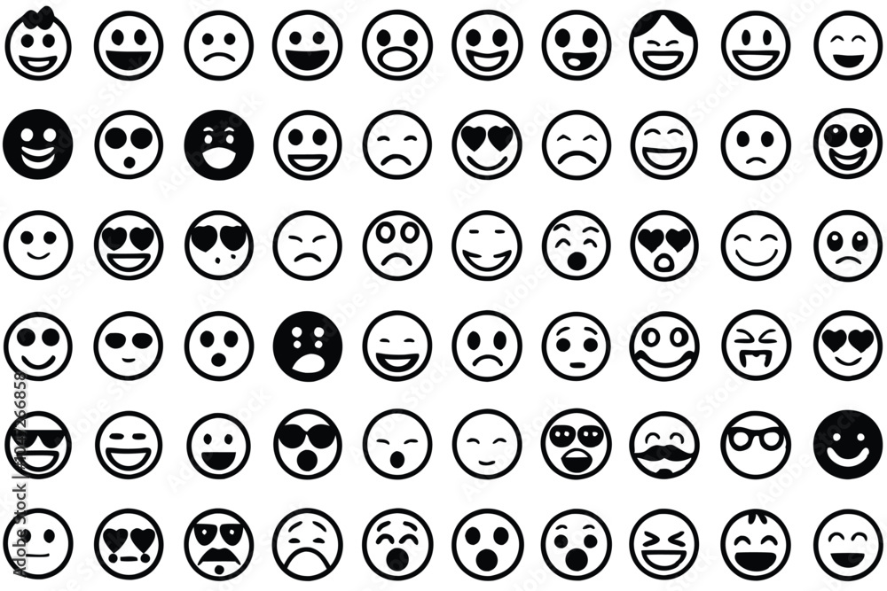 60 unique emoticons in a colorful grid layout on white background for social media and app designs