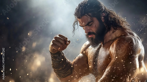 Banner illustrating powerful man showcasing strength glowing misty background dynamic fierce expression revealing determination