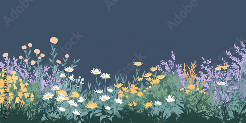 Asters growing naturally among other autumn plants in a meadow, illustration art photo