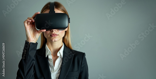 Woman in black business suit wearing virtual reality headset, copy space