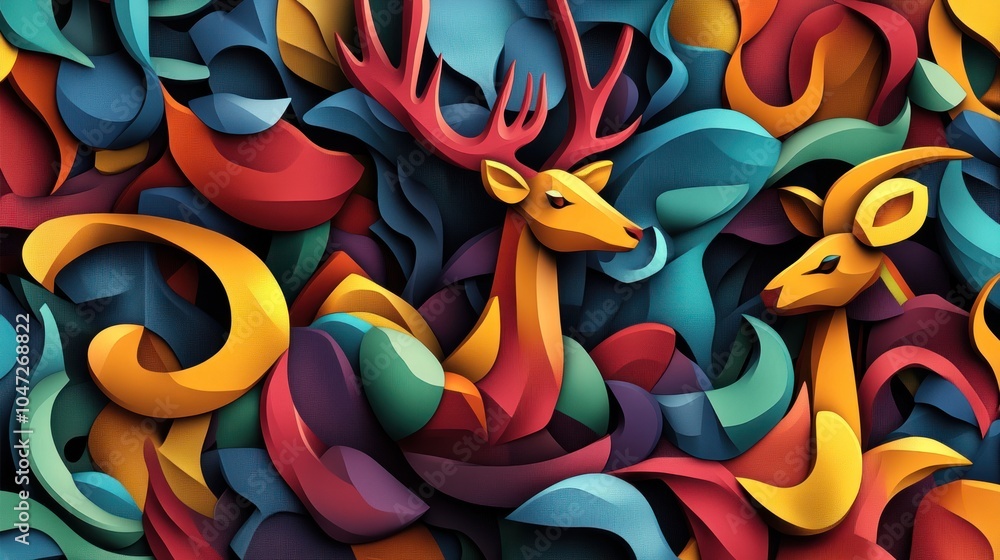 Obraz premium High-quality 3D animal pattern with textured relief, colorful abstract style, modern geometric flair in sharp detail.
