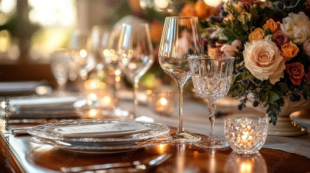 Elegant dining setup with crystal glassware, flowers, and soft lighting for a special occasion. Elegant dining setup with crystal glassware, flowers, and soft lighting for a special occasion.