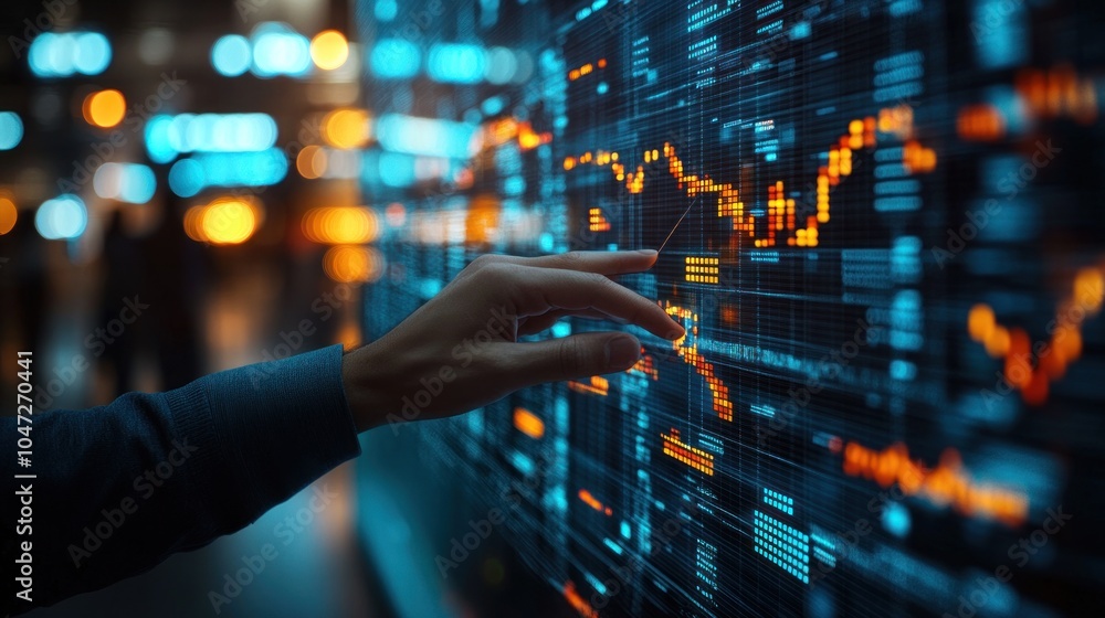 A hand reaching towards a digital stock market display with fluctuating data. A hand reaching towards a digital stock market display with fluctuating data.