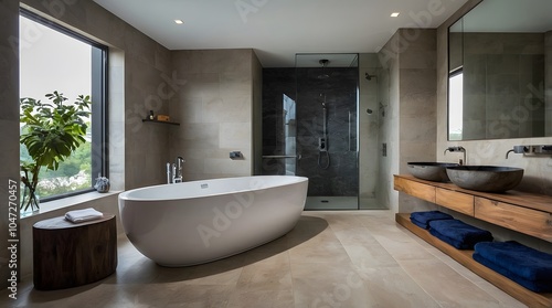 Modern Luxury Bathroom with Freestanding Tub and Contemporary Dark Tile Design