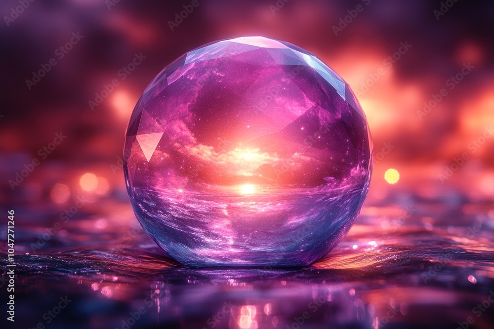 A crystal sphere reflecting a vibrant sunset over a tranquil ocean. A crystal sphere reflecting a vibrant sunset over a tranquil ocean.