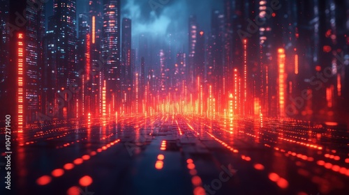 A futuristic cityscape with glowing red lights and digital elements.