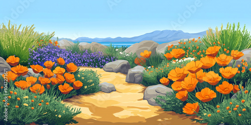 California poppies in a coastal garden with sandy soil, illustration art photo