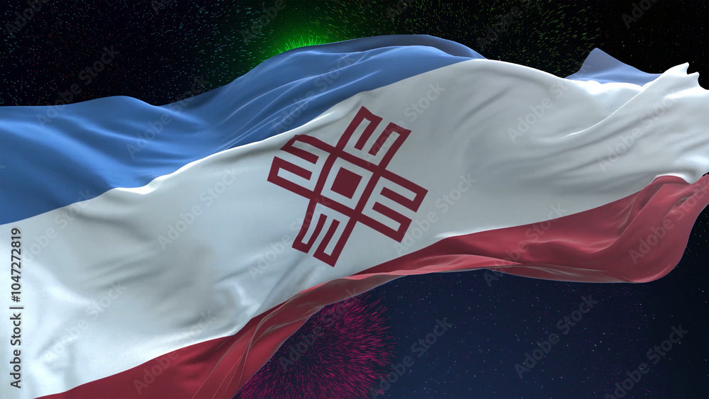 Fototapeta premium Mari El flag - Waving flag on celebrating fireworks for national holiday day. Ceremony for patriotic celebration of nation 