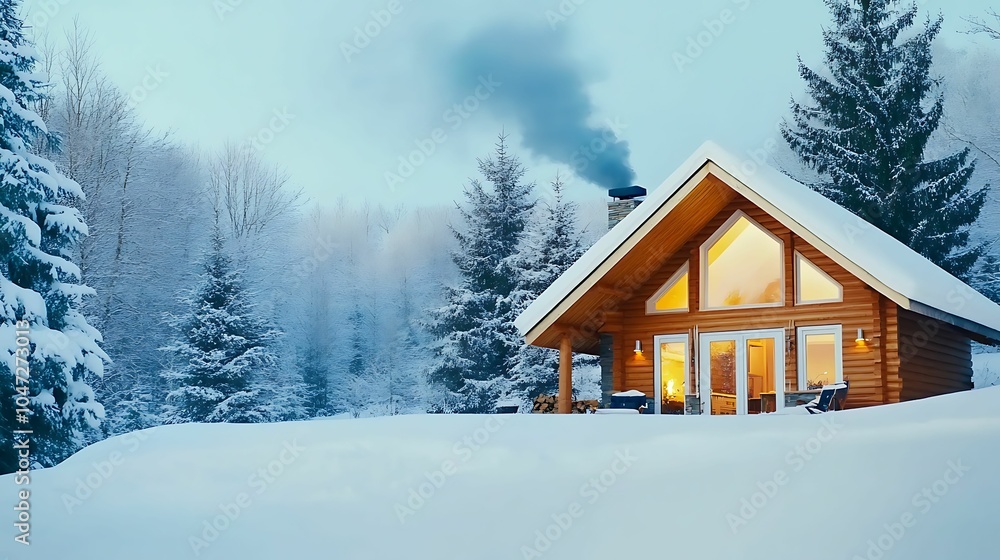A warm and inviting cabin nestled in a snow-covered forest with smoke rising from the chimney, capturing a peaceful winter retreat atmosphere. A warm and inviting cabin nestled in a snow-covered forest with smoke rising from the chimney, capturing a peaceful winter retreat atmosphere.