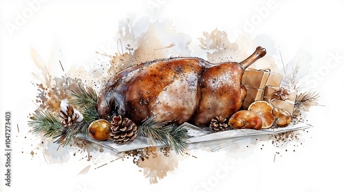 Roasted goose in Christmas still life, festive arrangement, artistic illustration, copy space