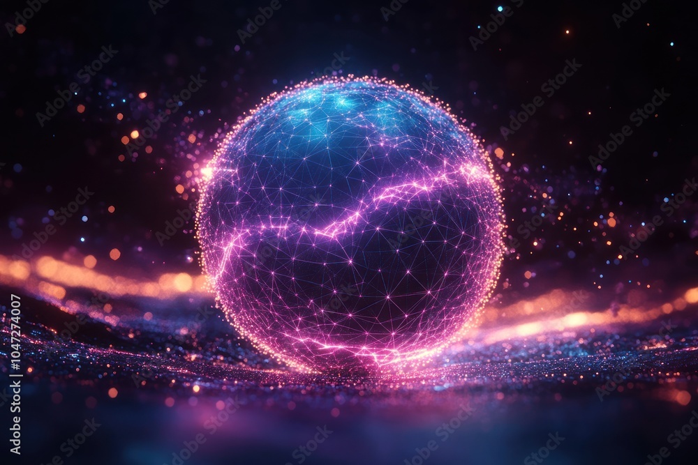 A glowing, interconnected sphere with vibrant colors representing digital networks. A glowing, interconnected sphere with vibrant colors representing digital networks.