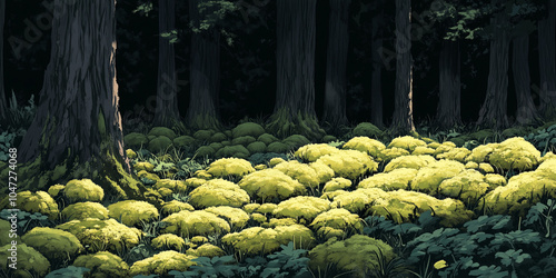 Club moss with small, scale-like leaves covering ground in woods, illustration art photo