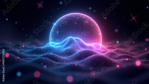 Abstract Futuristic Landscape with Glowing Sphere.