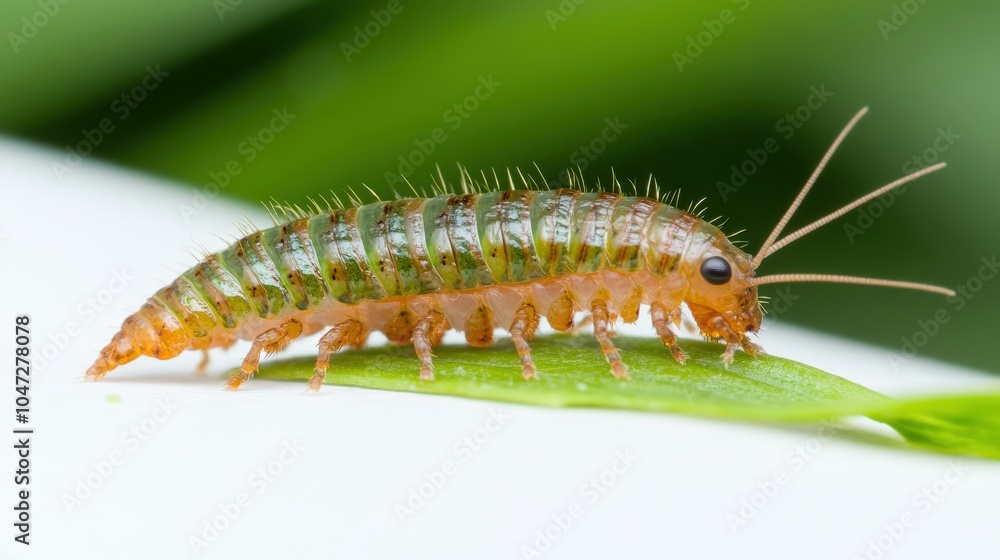 Fototapeta premium Green Mealworm Larva Crawling on Leaf Macro Photography