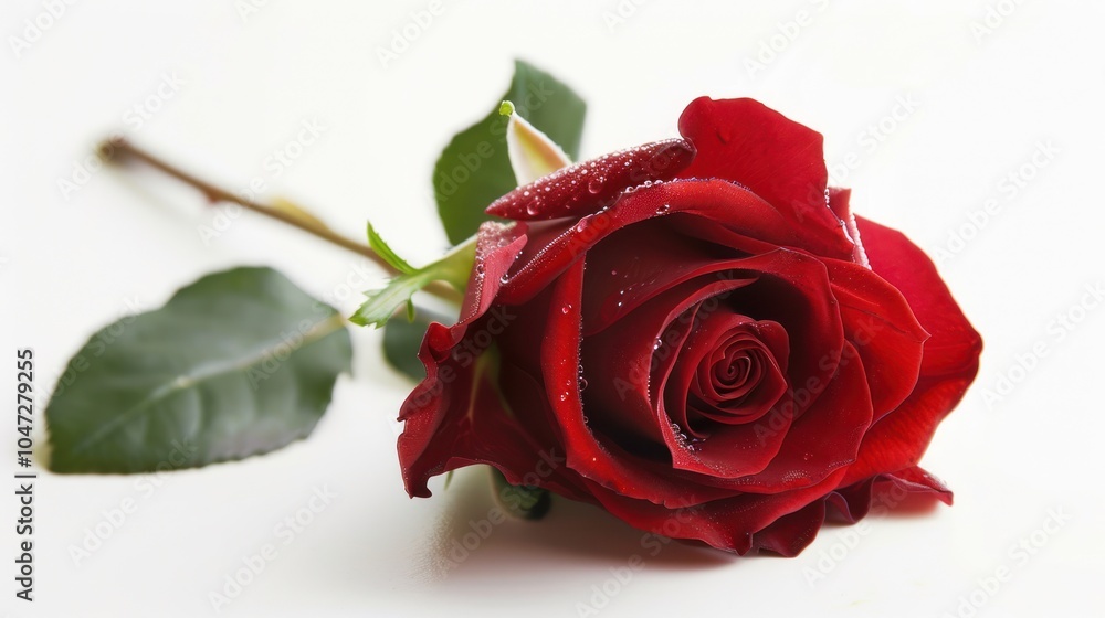Fototapeta premium A Single Red Rose with Water Droplets on White Background