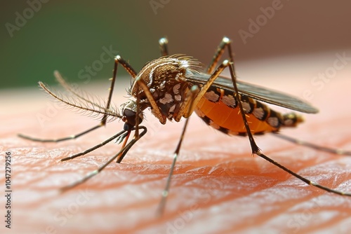 Detailed macro shot of mosquito biting human skin, capturing intricate features and texture of insect, highlighting invasive nature of pests photo