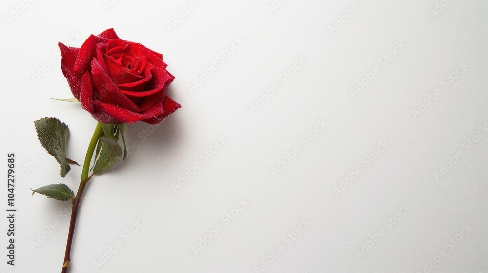 Fototapeta premium A Single Red Rose with Dew Drops on a White Background