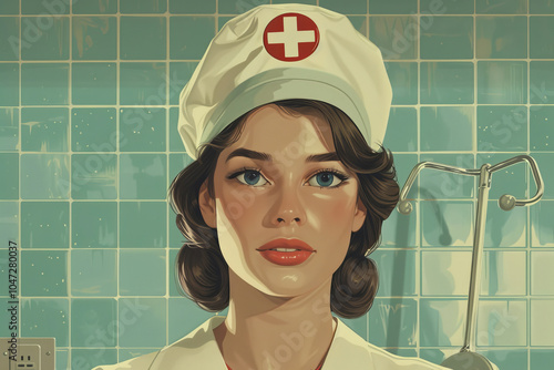 Artistic vintage illustration of nurse in hospital setting, capturing classic nostalgic look of mid-20th century medical professionals photo