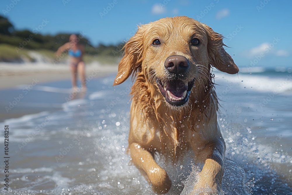 A joyful golden retriever runs through the waves at the beach, with a person in the background. A joyful golden retriever runs through the waves at the beach, with a person in the background.
