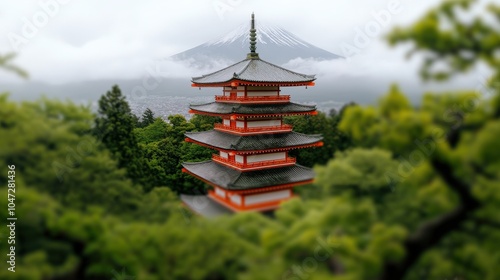 Japanese Pagoda and Mount Fuji with Foggy Mountain Peak