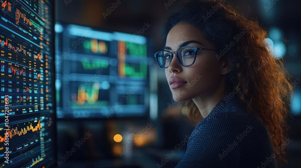 A focused woman analyzing data on multiple computer screens in a modern workspace. A focused woman analyzing data on multiple computer screens in a modern workspace.