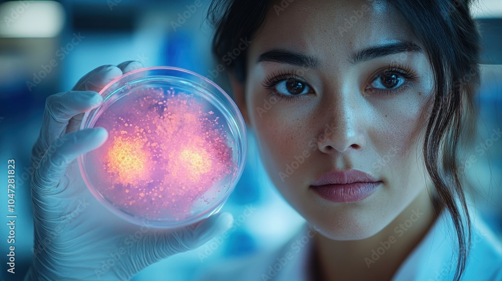 A scientist holds a glowing petri dish, showcasing vibrant microbial growth in a lab setting. A scientist holds a glowing petri dish, showcasing vibrant microbial growth in a lab setting.