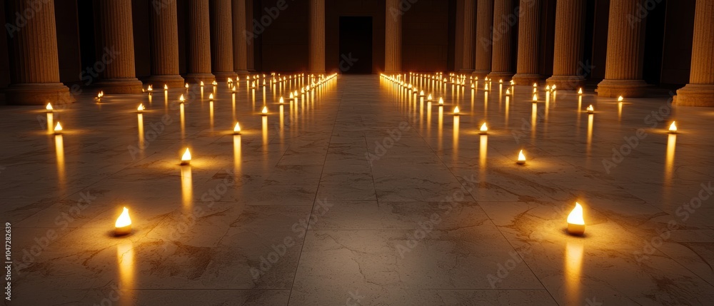 A serene hallway illuminated by flickering candles, creating a tranquil atmosphere amidst towering columns. A serene hallway illuminated by flickering candles, creating a tranquil atmosphere amidst towering columns.
