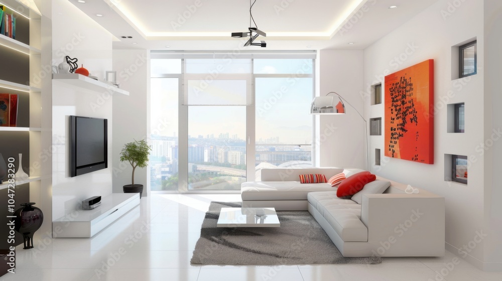 Fototapeta premium A sleek and contemporary living room design boasting a white canvas backdrop, Carefully positioned minimalist furnishings, Urban minimalist style