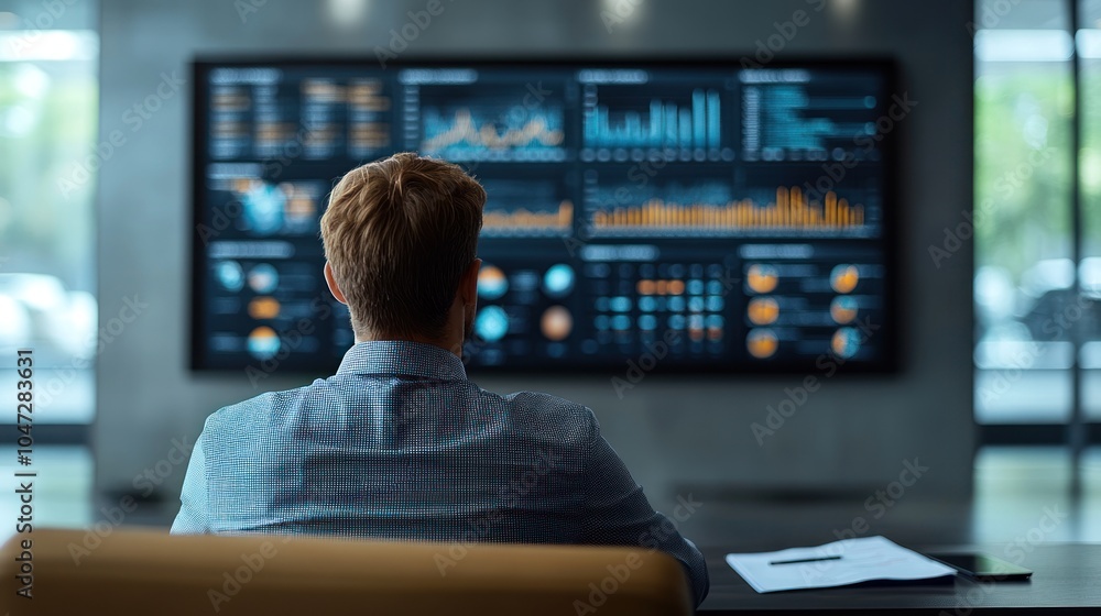 A person analyzing data on a large screen in a modern office setting. A person analyzing data on a large screen in a modern office setting.