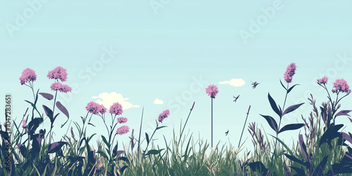 Joe-pye weed towering over other plants in a wetland garden, illustration art photo