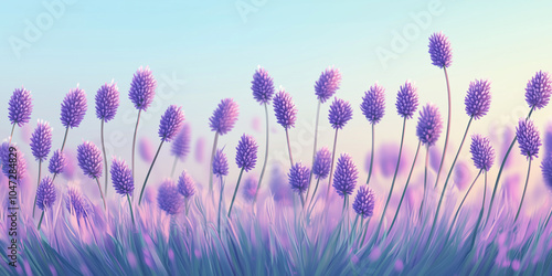 Lavender plants with long stems and flower spikes in a field, illustration art