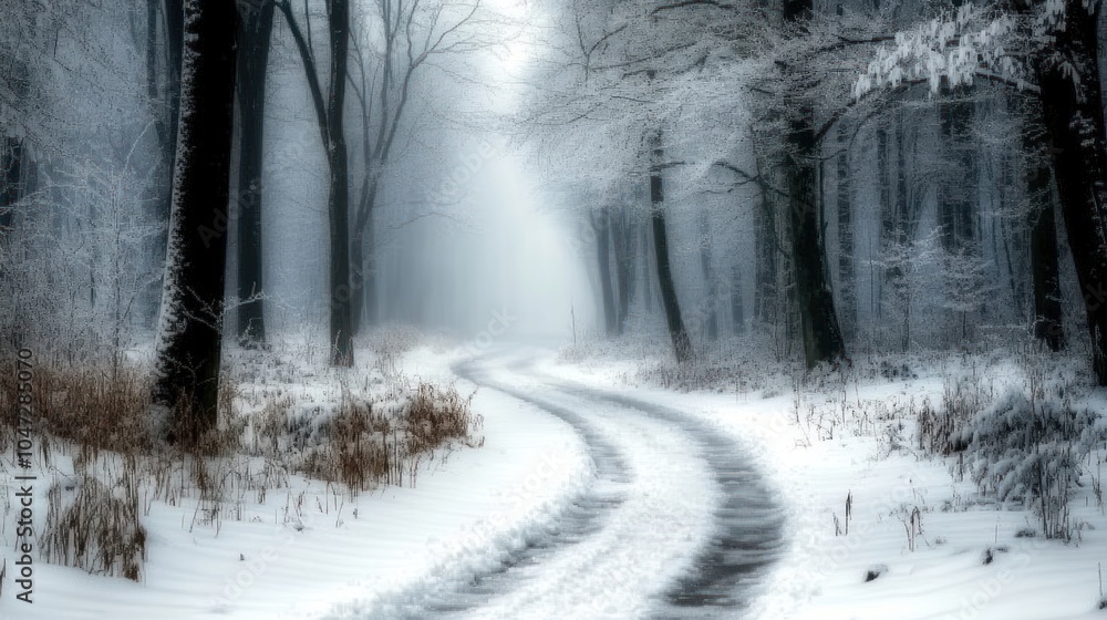 Misty winter forest path with soft snow cover, gentle curves leading deeper into the woods. Misty winter forest path with soft snow cover, gentle curves leading deeper into the woods.