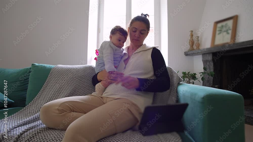Mother holding baby on the couch, both looking at a tablet, engaged in screen time together, bonding moment, relaxed family time in a cozy living room setting Mother holding baby on the couch, both looking at a tablet, engaged in screen time together, bonding moment, relaxed family time in a cozy living room setting
