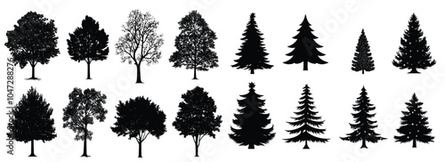 Merry Chrismas tree icon set on gray background, set of silhouettes of trees chersmas, vector illustration flat desing	