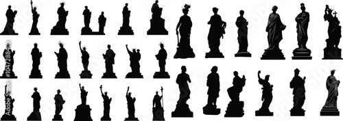 Ancient Greek solid black color sculptures of gods, goddess and heros, vector silhouettes antique statues of men and women figures, bust and full body, hand drawn isolated clip art bundle