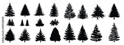 Merry Chrismas tree icon set on gray background, set of silhouettes of trees chersmas, vector illustration flat desing	
