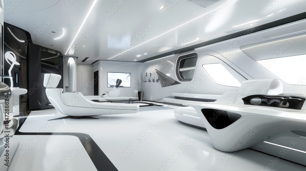 A sleek and futuristic living space design featuring a white canvas backdrop, Adorned with innovative furniture and high-tech gadgets, Futurism-inspired style A sleek and futuristic living space design featuring a white canvas backdrop, Adorned with innovative furniture and high-tech gadgets, Futurism-inspired style
