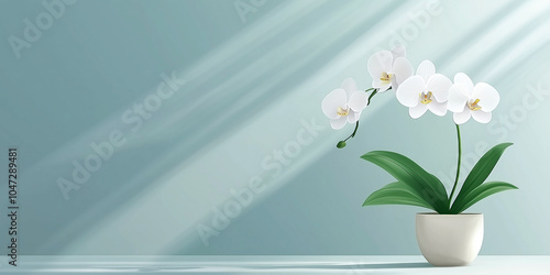 Orchid with multiple blooms on a single stem in a pot, illustration art