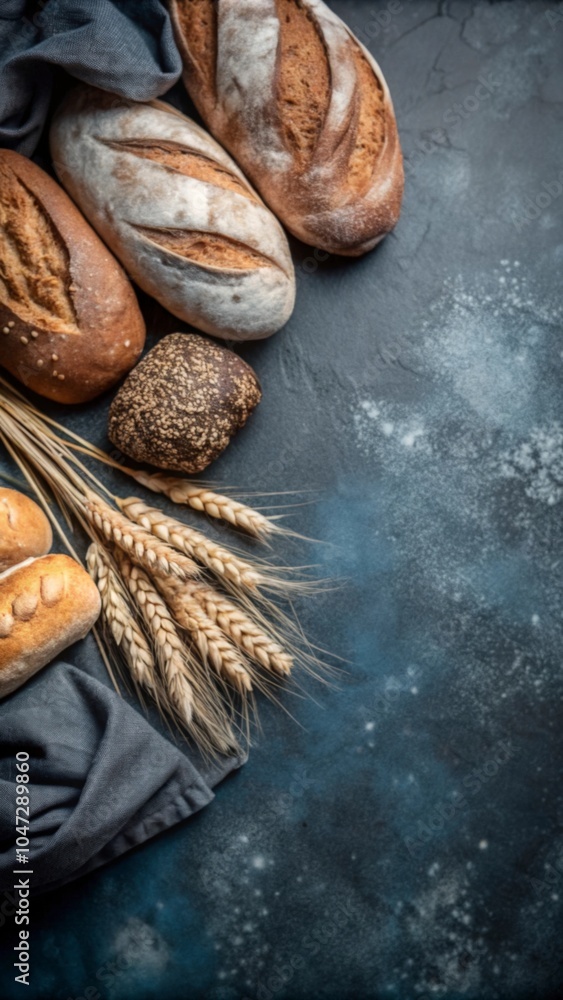 Cozy bakery scene with freshly baked bread loaves, buns, and wheat stalks arranged on a rustic blue surface Cozy bakery scene with freshly baked bread loaves, buns, and wheat stalks arranged on a rustic blue surface