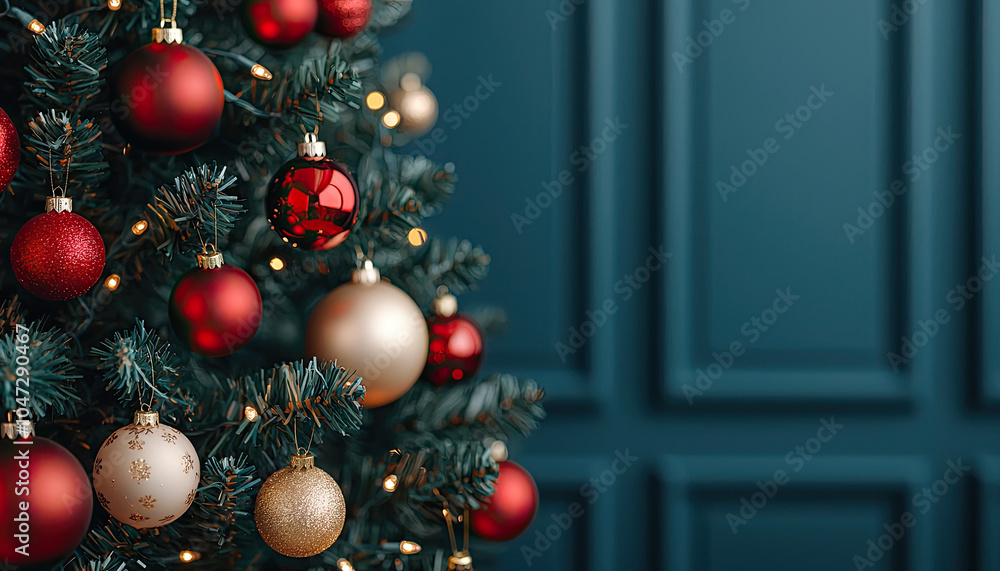 Fototapeta premium Christmas tree decorated with red and gold ornaments, elegant blue background.