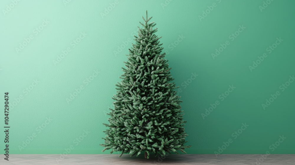 Naklejka premium Christmas tree on the floor against a vibrant green wall.