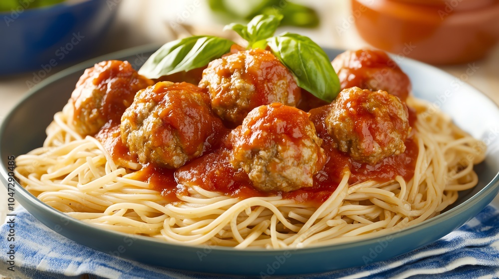 A delicious plate of spaghetti topped with savory meatballs and fresh basil, showcasing a classic Italian meal. A delicious plate of spaghetti topped with savory meatballs and fresh basil, showcasing a classic Italian meal.